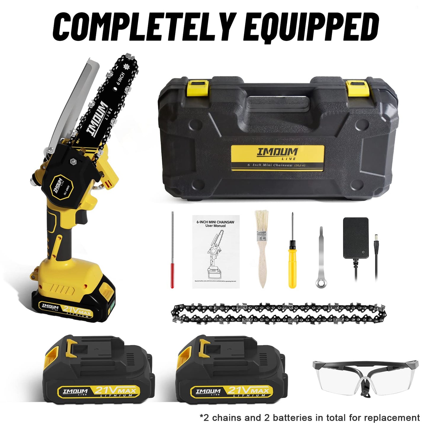 Mini Chainsaw Cordless 6'' with 2×21V Battery, IMOUMLIVE Brushless Powerful Electric Small Hand Portable Chain Saw with Auto Oiler, Lightweight, 2.2 lbs, Handheld, Easy For Pruning, Cutting, Trimming