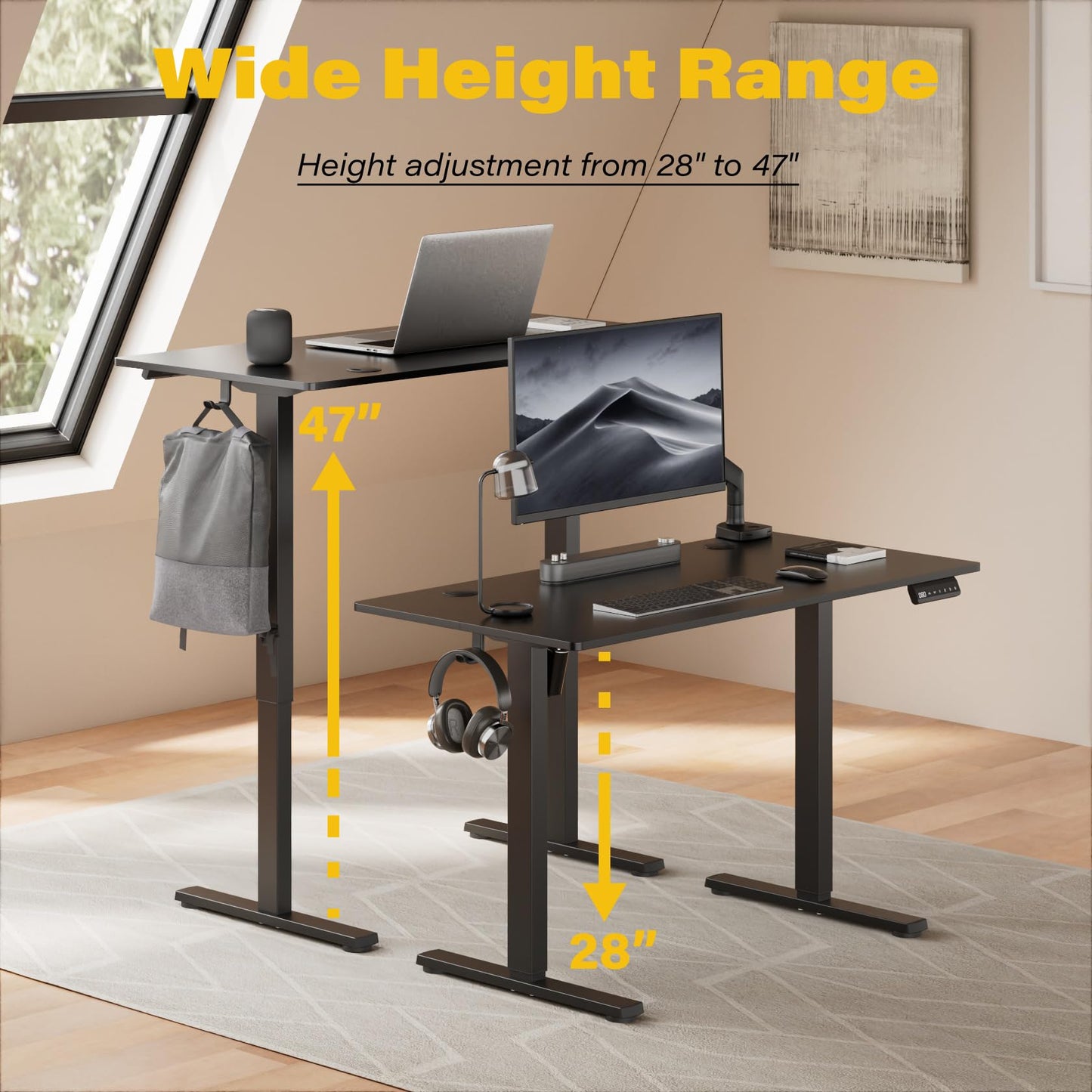 UPGRAVITY Height Adjustable Electric Standing Desk, 48 x 24 Inches Ergonomic Stand up Table, Sit Stand Home Office Desk with Splice Board, Black Frame/Black Top (Black, 48 inches)