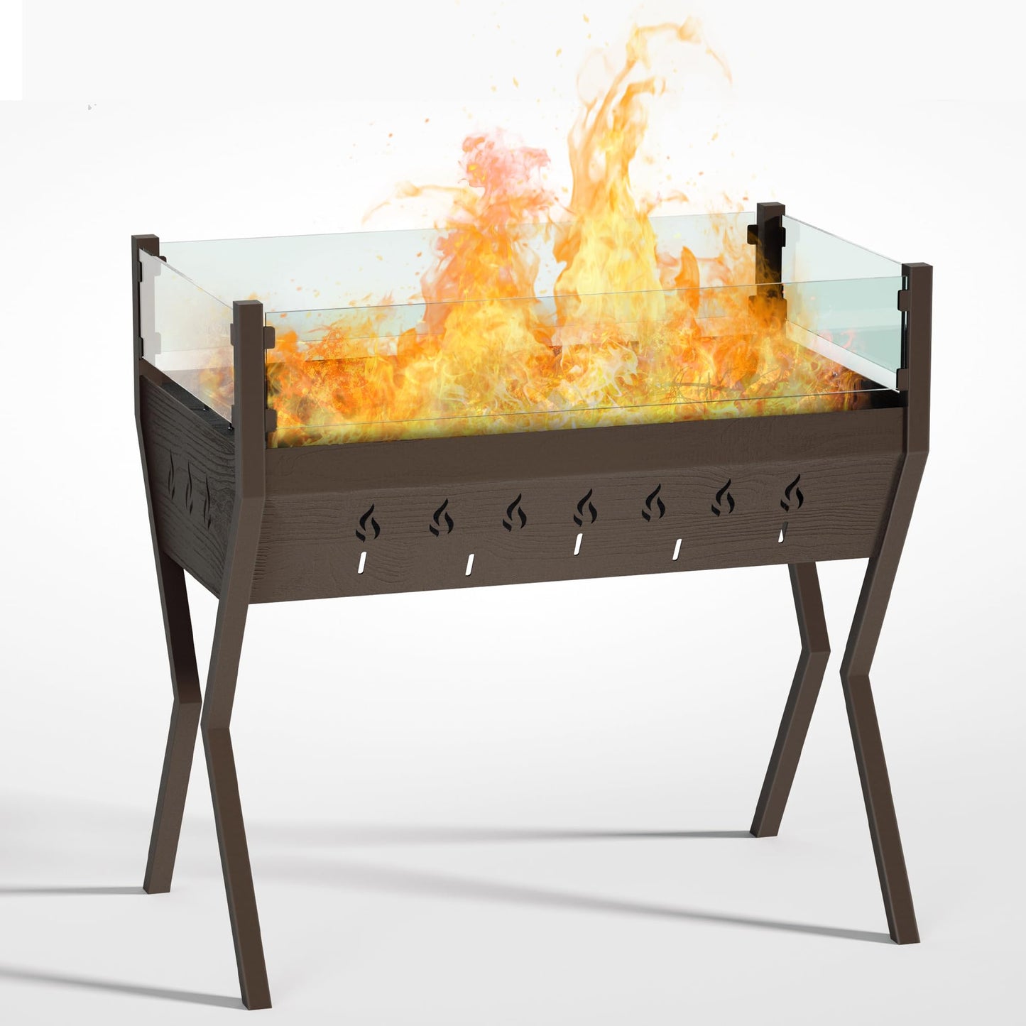 Rectangular Fire Pit for Outside, Outdoor Wood Burning Fire Pit for Patio Backyard Garden Deck Camping, Bonfire Campfire Metal Fire Pit Table with Glass Wind Guard, Brown