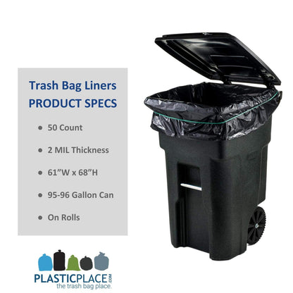 Plasticplace 95-96 Gallon Trash Bags │ 2.0 Mil │ Black Heavy Duty Garbage Can Liners │ 61” x 68” (50 Count)