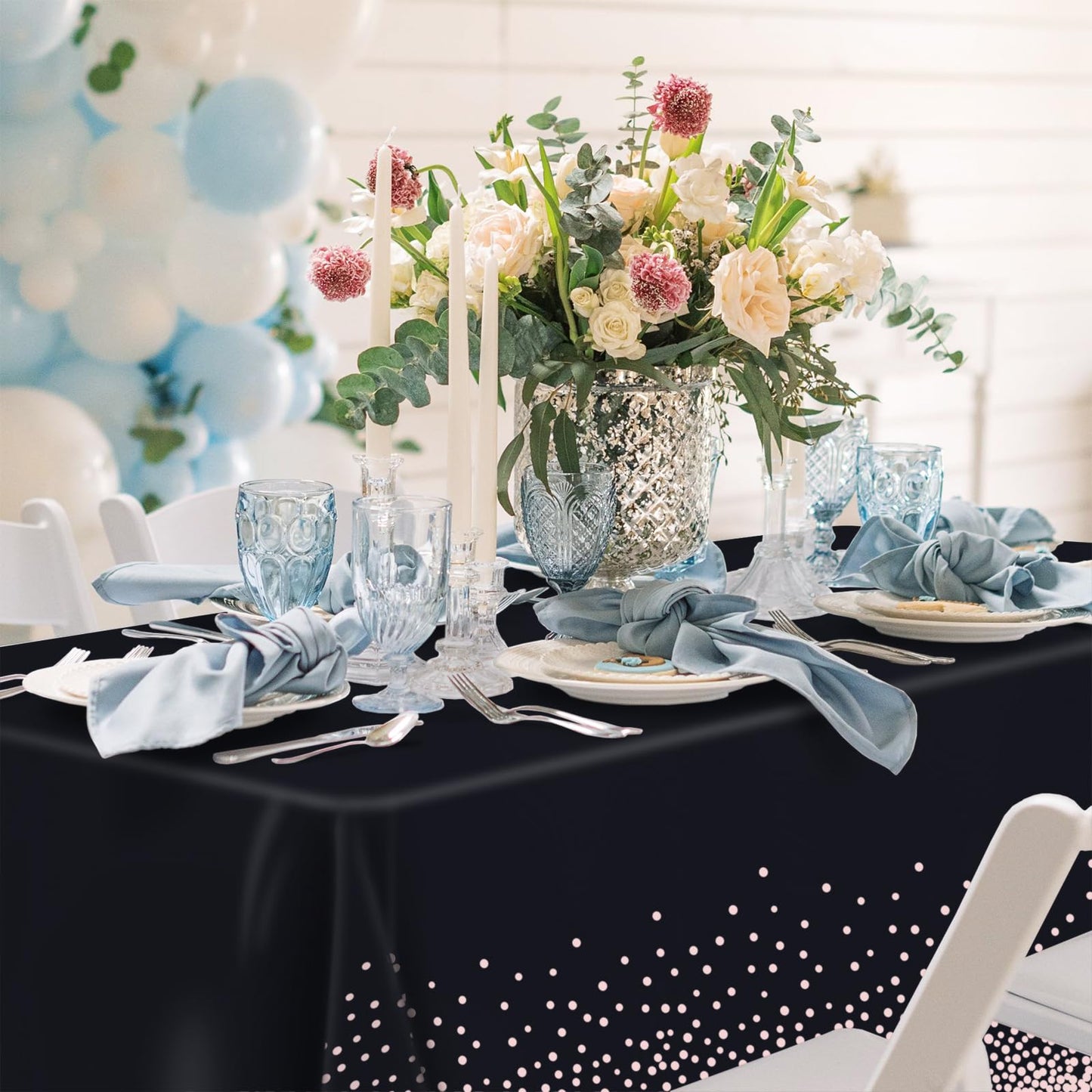 Mulbozy 4 Pcs Rose Gold Black Tablecloth 54"×108" Disposable Waterproof Table Cover Rose Gold Dot Plastic Tablecover for Birthday Parties, Wedding, Anniversary, Baby Shower, Fine Dining Decoration