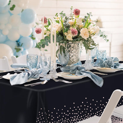 Mulbozy 4 Pcs Rose Gold Black Tablecloth 54"×108" Disposable Waterproof Table Cover Rose Gold Dot Plastic Tablecover for Birthday Parties, Wedding, Anniversary, Baby Shower, Fine Dining Decoration
