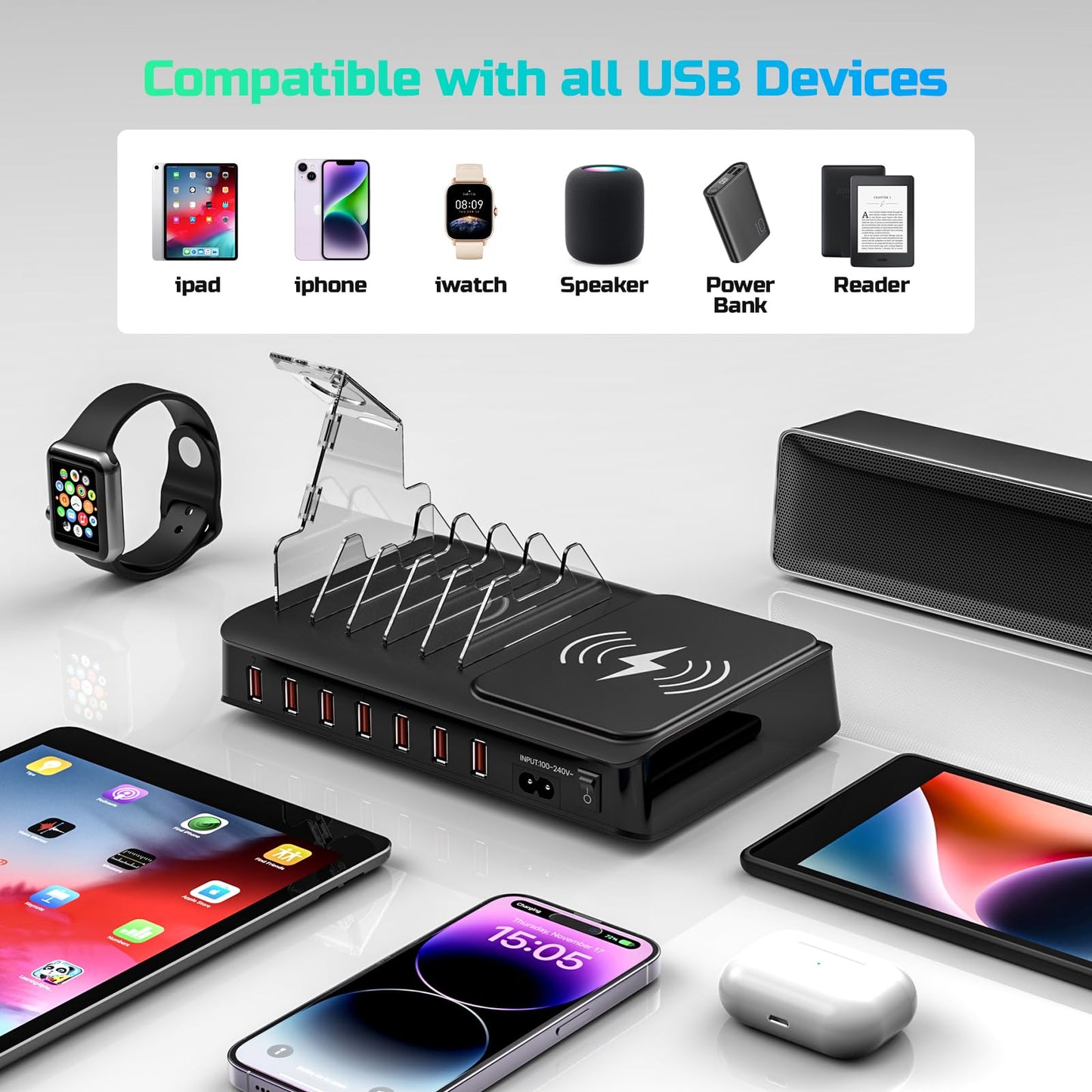 Elechelf Charging Station for Multiple Devices,Compatible with iPad iPhone and iwatch,7-Ports USB Fast Phone Charging Station,Multiple Charger Compatible with Samsung,Air Pods,Tablet(Black)