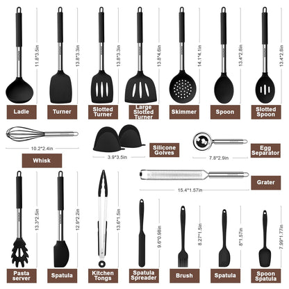 Kesupair Silicone Kitchen Utensils Set, 20 pcs Cooking Utensils Set-Cooking Utensil - Kitchen Gadgets and Tools with Holder-Stainless Steel Kitchen Utensil with Grater,Turner,Tongs (Black)