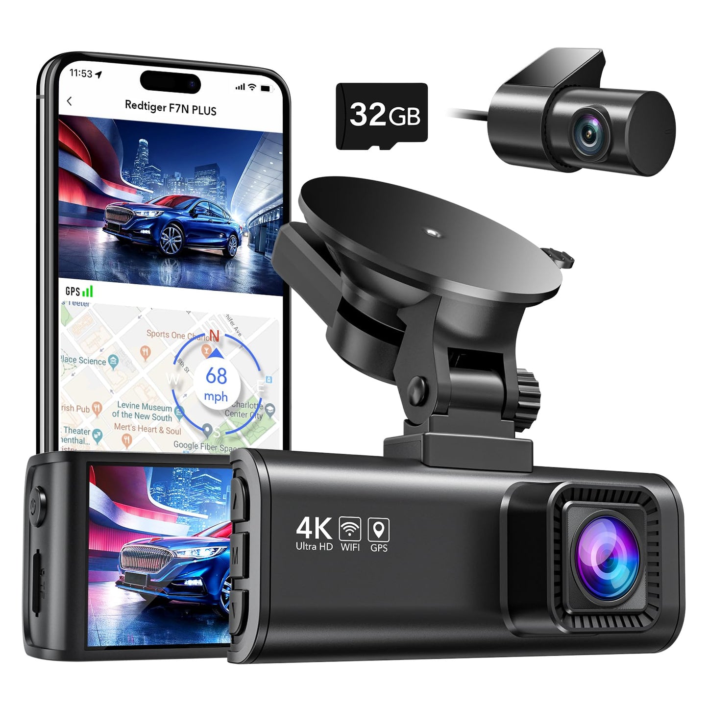 REDTIGER Dash Cam Front Rear, 4K/2.5K Full HD Dash Camera for Cars, Free 32GB Card, Built-in Wi-Fi GPS, 3.16” IPS Screen, Night Vision, 170°Wide Angle, WDR, 24H Parking Mode