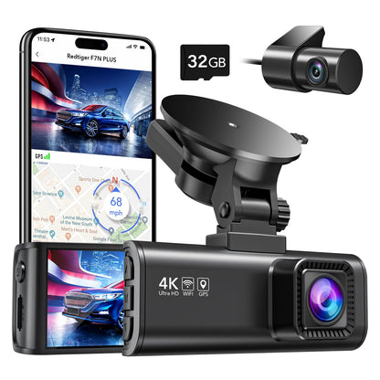 REDTIGER Dash Cam Front Rear, 4K/2.5K Full HD Dash Camera for Cars, Free 32GB Card, Built-in Wi-Fi GPS, 3.16” IPS Screen, Night Vision, 170°Wide Angle, WDR, 24H Parking Mode