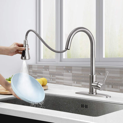 SOKA Commercial Kitchen Faucet with Pull Down Sprayer RV Touch Faucet for Kitchen Sink Singel Handle Travel Trailer Brushed Nickel Kitchen Faucet High Arc Fit for 1 & 3 Hole with Desk Plate