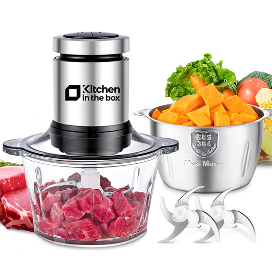 Kitchen in the box Food Processors,Small Meat Grinder & Food Chopper Electric Vegetable Chopper with 2 Bowls (8 Cup+8 Cup)& 2 Bi-Level Blades for Meat/fish/Vegetable/Baby Food，400 W (Black)