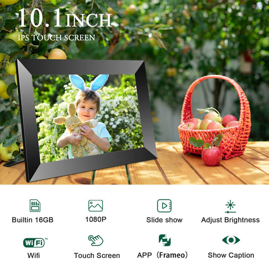 FRAMEO Digital Picture Frame 10.1 Inch, WiFi Digital Photo Frame 1280 * 800 FHD IPS Touch Screen with 16GB Storage, Wall Mountable, Auto-Rotate, Share Photos and Videos via App from Anywhere