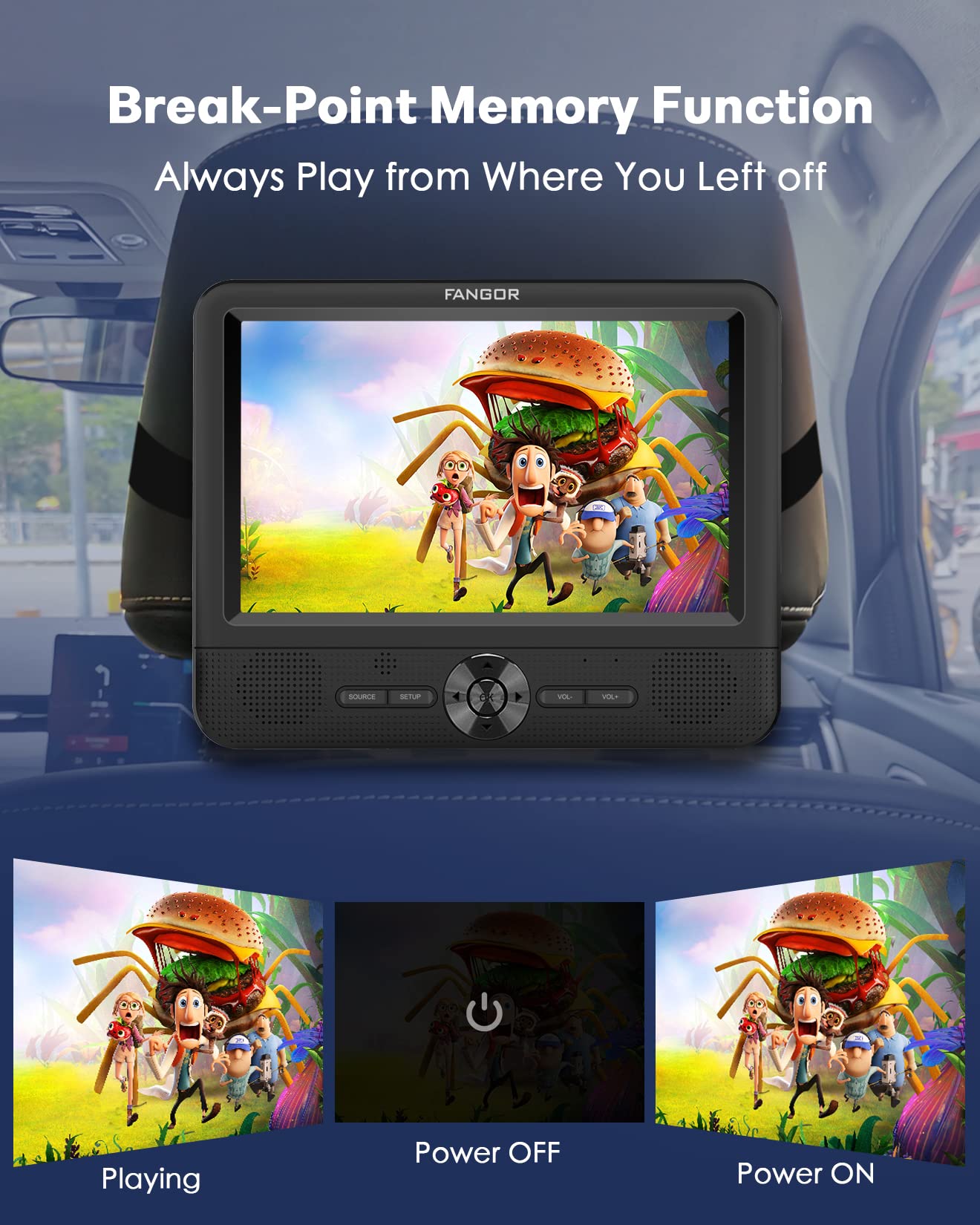 FANGOR 7.5" Dual Portable DVD Player for Car, Car DVD Player Dual Screen Play a Same or Two Different Movies with Headrest Strap, Regions Free,Support Last Memory, AV Out&in,USB/SD/Sync TV