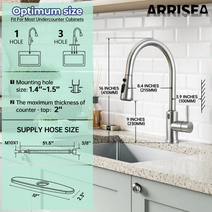 ARRISEA Kitchen Faucet, Laundry Faucets with Sprayer, Bar and RV Sink Faucet with 10'' Deck Plate, Stainless Steel Single Handle High Arc Brushed Nickel Faucets with Pull-Down Spayer
