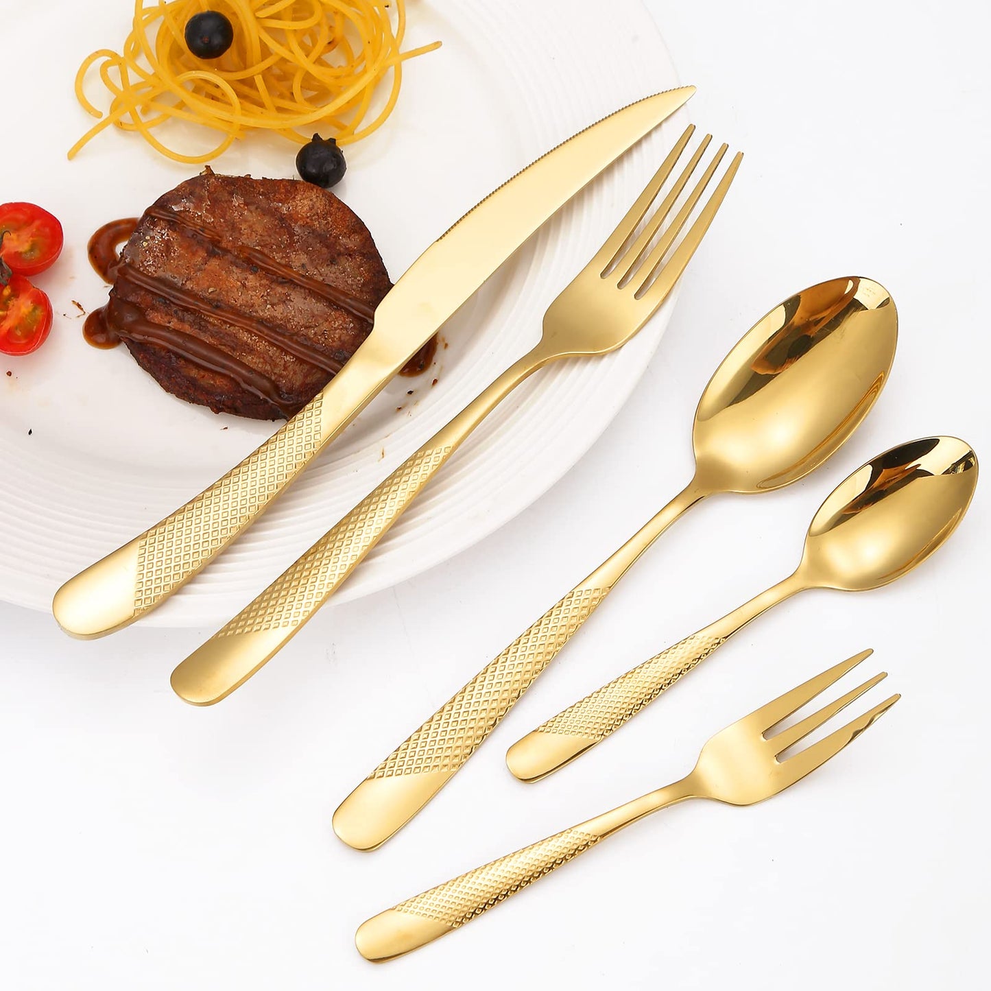 A · HOUSEWARE Hammered Silverware Set Gold 20-Piece Stainless Steel Flatware for 4 Forks Knives and Spoons Modern Thickened Creative Design Handle Durable Festival Parties Kitchen Everyday Use