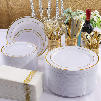 I00000 300 Pcs Gold Plastic Plates with Gold Silverware, White&Gold Plastic Dinnerware Set for Party include: 60Dinner Plates 10.25", 60Dessert Plates 7.5", 60 Gold Silverware Sets