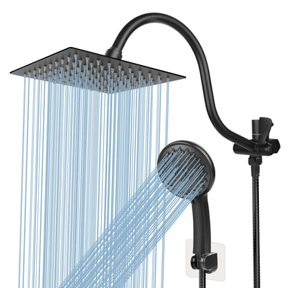Taiker Shower Head, 8 Inch High Pressure Rainfall Shower Head/Handheld Showerhead Combo with 11.5 Inch Adjustable Curved Arm, Anti-leak Shower Head with Holder/Hose, Flow Regulator, Chrome (Black)