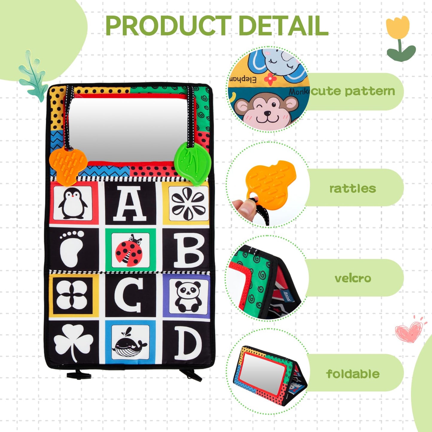 Tummy Time Baby Mirror Toys High Contrast Activity Montessori Brain Developmental Newborn Toys with Sensory Crinkle Books and Teethers Infant 0-3-4-6-12 Months Old Boys Girls Travel Gift