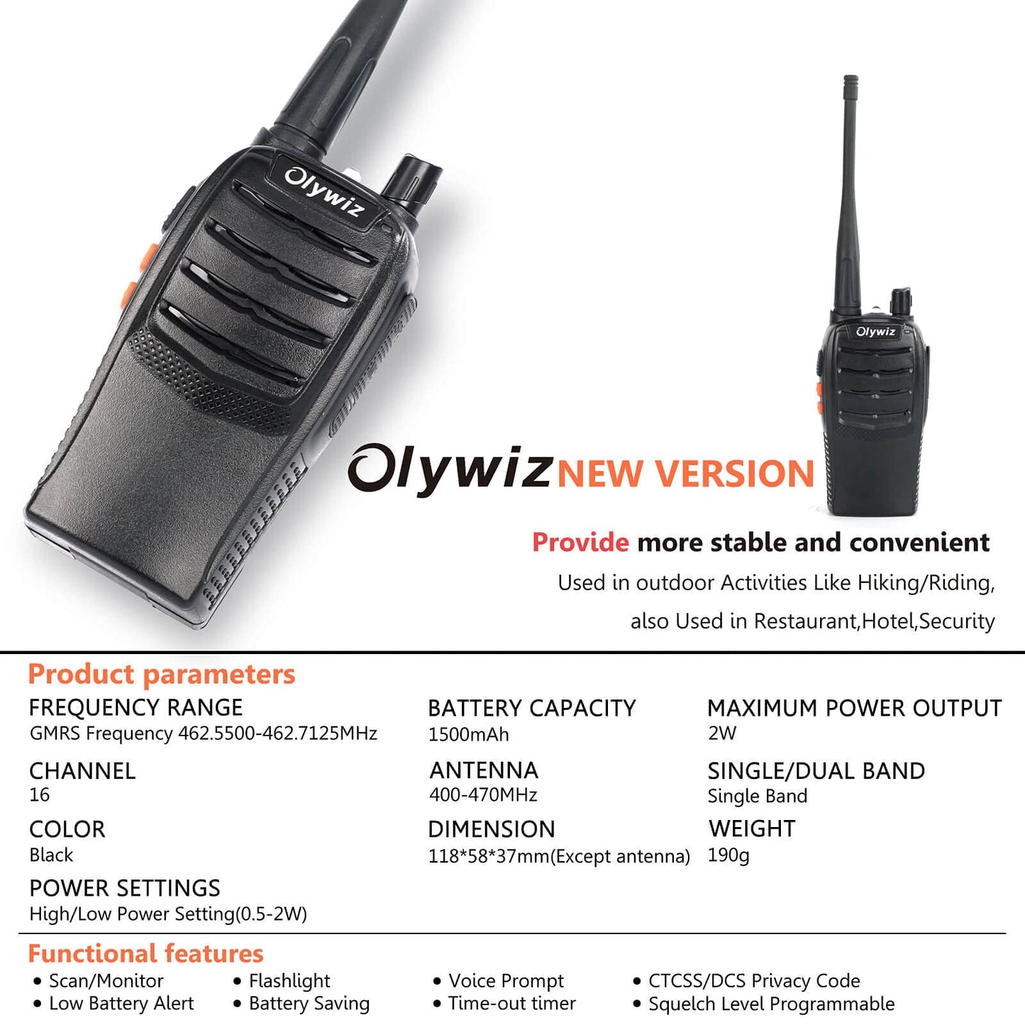 Olywiz Walkie Talkies GMRS Radio for Adults Long Range Rechargeable 2 Way Radio with Flashlight for School Business Family 2 Pack