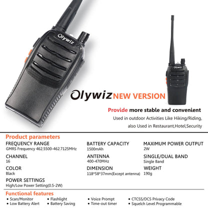 Olywiz Walkie Talkies GMRS Radio for Adults Long Range Rechargeable 2 Way Radio with Flashlight for School Business Family 2 Pack