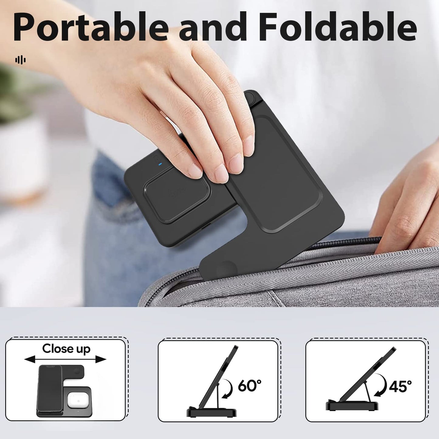 Wireless Charger for iPhone Charging Station: 3 in1 Charger Stand Foldable for Multiple Devices Apple-iPhone Series Apple Watch Airpods (Black)
