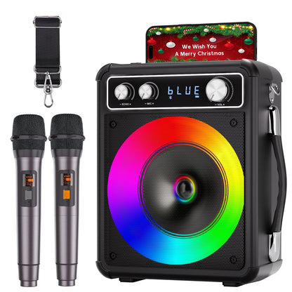 VOSOCO Karaoke Machine, Portable Bluetooth Speaker with 2 Wireless Microphones, PA System for Adults Kids with LED Lights, Supports TWS/REC/FM/AUX/USB/TF for Home Party