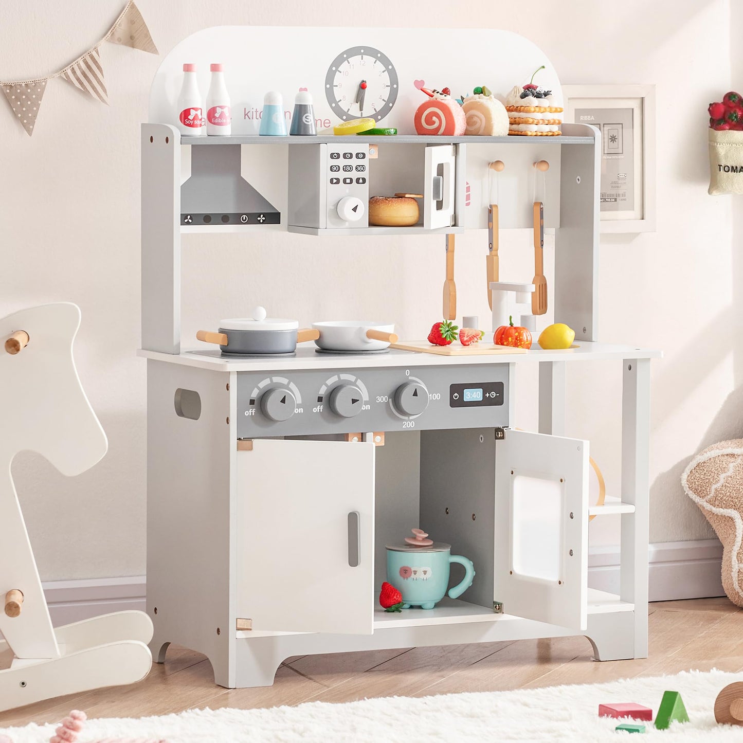 Play Wooden Kitchen Sets for Kids, Toddler Kitchen Playset, Chef Pretend Kitchen with Plenty of Play Features, Toy Kitchen with Toy Food & Cookware Accessories, Gift for Boys Girls