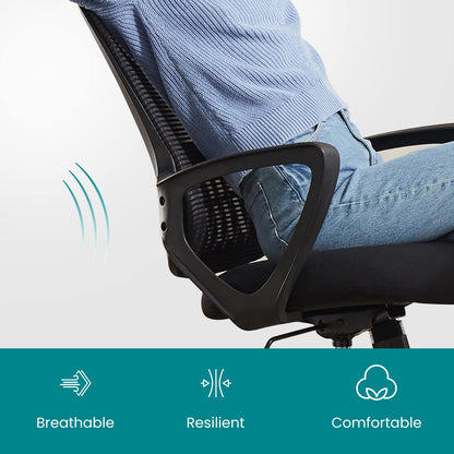 SMUG Office Computer Desk Chair, Ergonomic Mid-Back Mesh Rolling Work Swivel Task Chairs with Wheels, Comfortable Lumbar Support, Comfy Arms for Home, Bedroom, Study, Dorm, Student, Adults, Black
