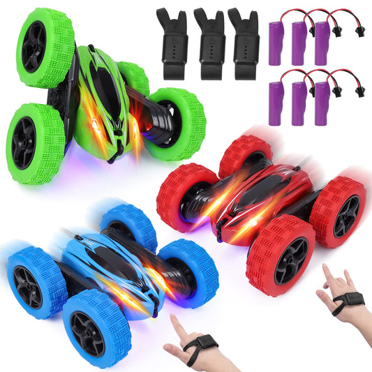 Lumiparty Remote Control Stunt Car Watch Gesture Sensor 4WD Double Sided 360 Rotating Tumbling Rechargeable Car High Speed 2.4GHZ Off Road RC Toy Cars for Xmas Birthday Gift Adult,Red/Green/Blue,3Pack
