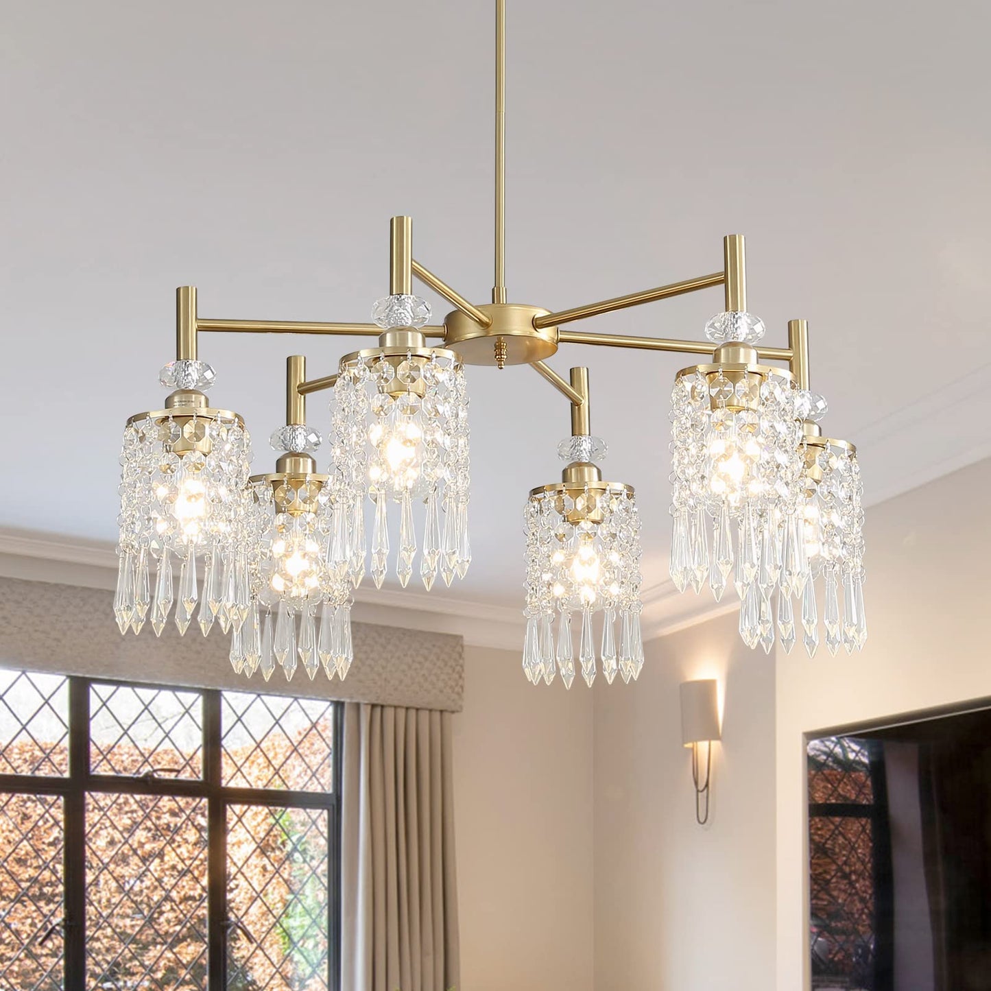 AGEJYYY Crystal Gold Chandelier, 6-Light Modern Ceiling Light Fixtures for Dining, Kitchen, Bedroom & Living Room, Over Table Lighting, Industrial Modern Entryway Chandeliers Design,30in, E26