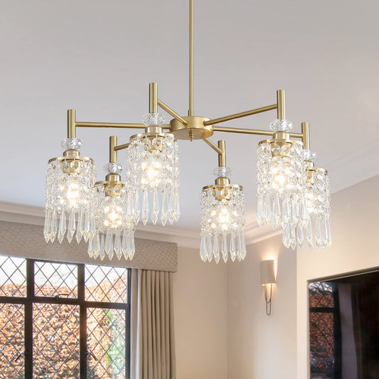 AGEJYYY Crystal Gold Chandelier, 6-Light Modern Ceiling Light Fixtures for Dining, Kitchen, Bedroom & Living Room, Over Table Lighting, Industrial Modern Entryway Chandeliers Design,30in, E26
