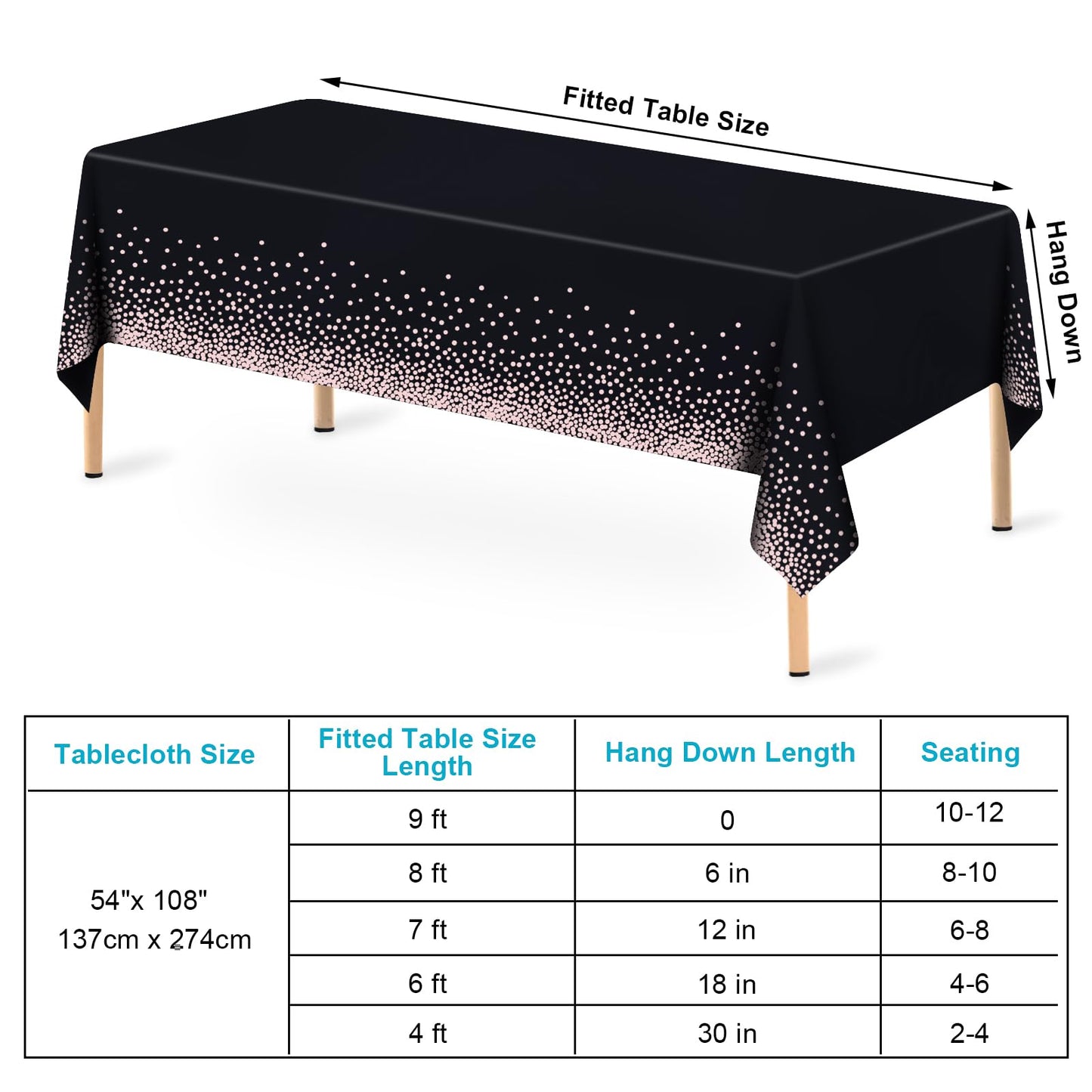 Mulbozy 4 Pcs Rose Gold Black Tablecloth 54"×108" Disposable Waterproof Table Cover Rose Gold Dot Plastic Tablecover for Birthday Parties, Wedding, Anniversary, Baby Shower, Fine Dining Decoration