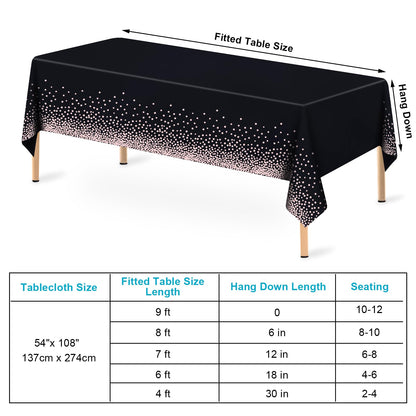 Mulbozy 4 Pcs Rose Gold Black Tablecloth 54"×108" Disposable Waterproof Table Cover Rose Gold Dot Plastic Tablecover for Birthday Parties, Wedding, Anniversary, Baby Shower, Fine Dining Decoration