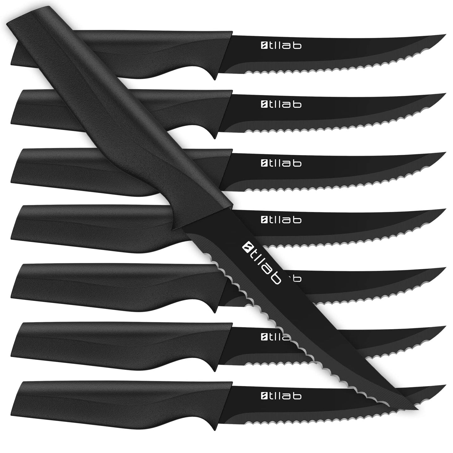 Stllab Steak Knives Set of 8, Serrated Stainless Steel Steak Knife, Dishwasher Safe, Black