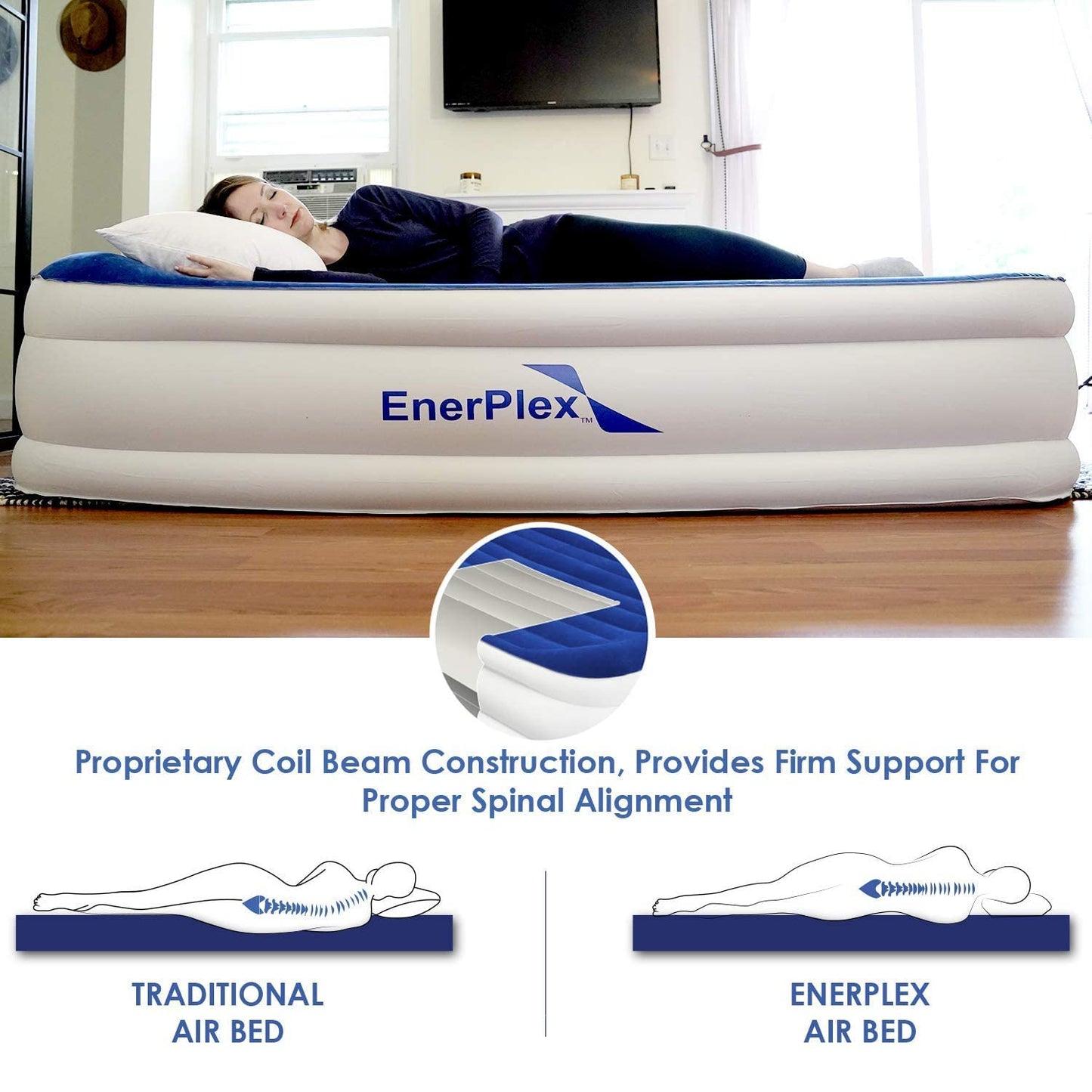 EnerPlex Twin Air Mattress with Built in Pump - 13" Luxury Size Self-Inflating Blow Up Mattress with Neck Support - Inflatable Air Bed for Portable Travel & Home Use (Blue/White)