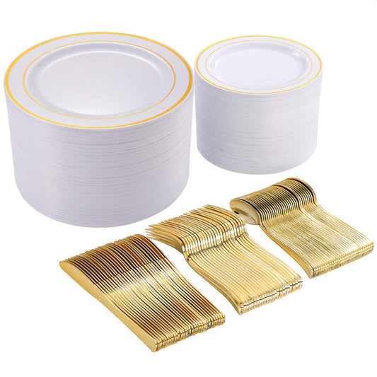 I00000 300 Pcs Gold Plastic Plates with Gold Silverware, White&Gold Plastic Dinnerware Set for Party include: 60Dinner Plates 10.25", 60Dessert Plates 7.5", 60 Gold Silverware Sets