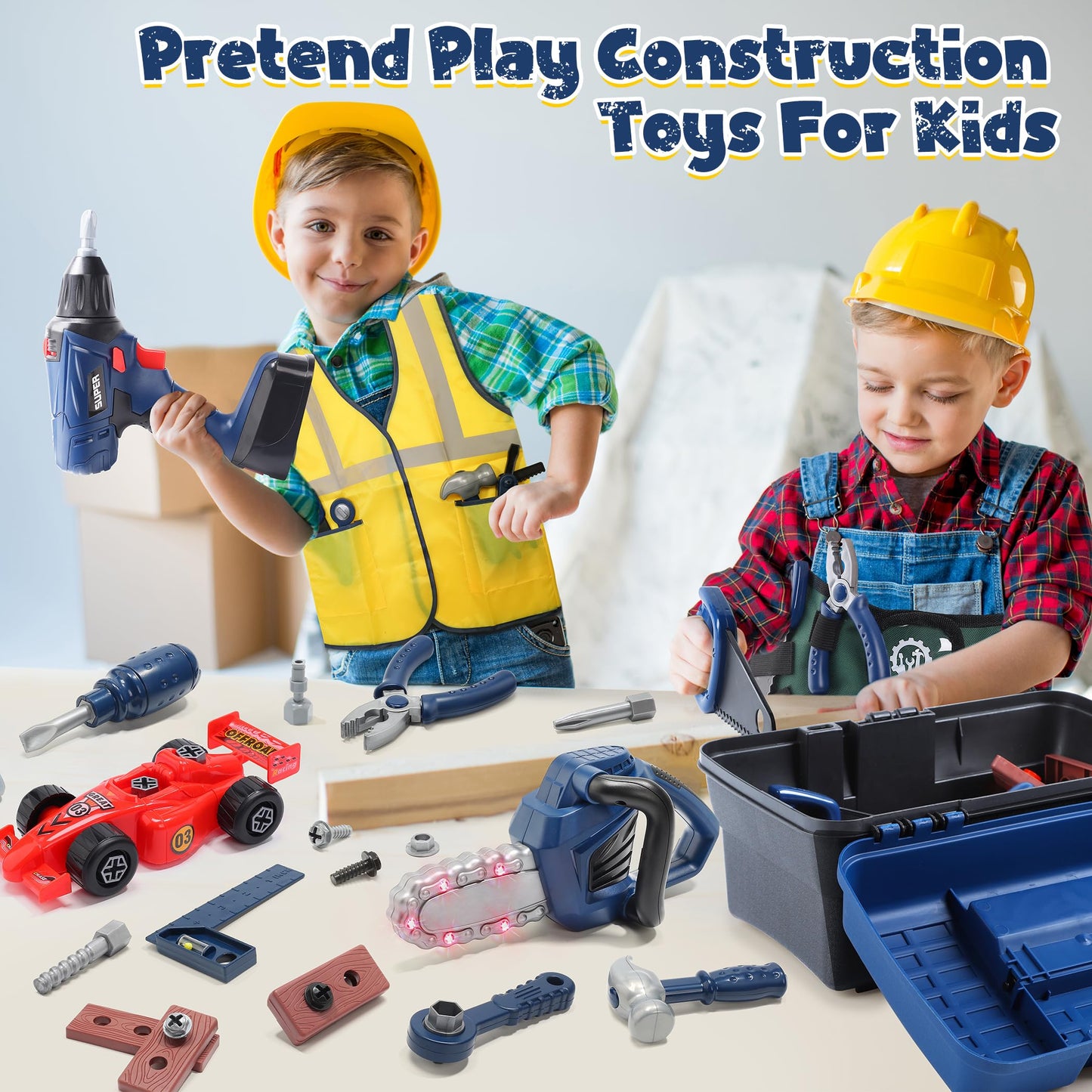 Skirtoy Kids Tool Set, 47pcs Toy Tool Set with Chainsaw & Excavator Toys, Pretend Play Construction Toys Tools for Boys Girls, Birthday Family Day Gifts for Kids Ages 3 4 5 6 Up