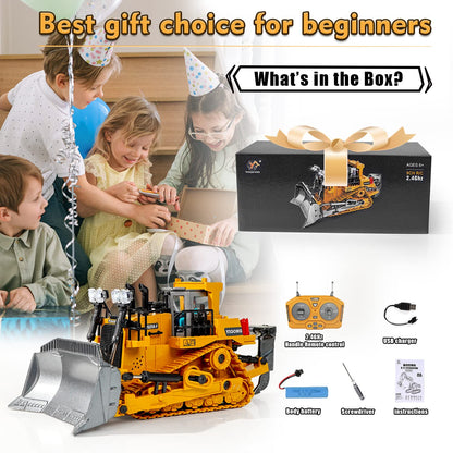 FUUY Remote Control Metal Bulldozer Toy for Kids Ages 3-7 - Realistic Construction Vehicle with Shovel and Ripper for Boys - Building Toys