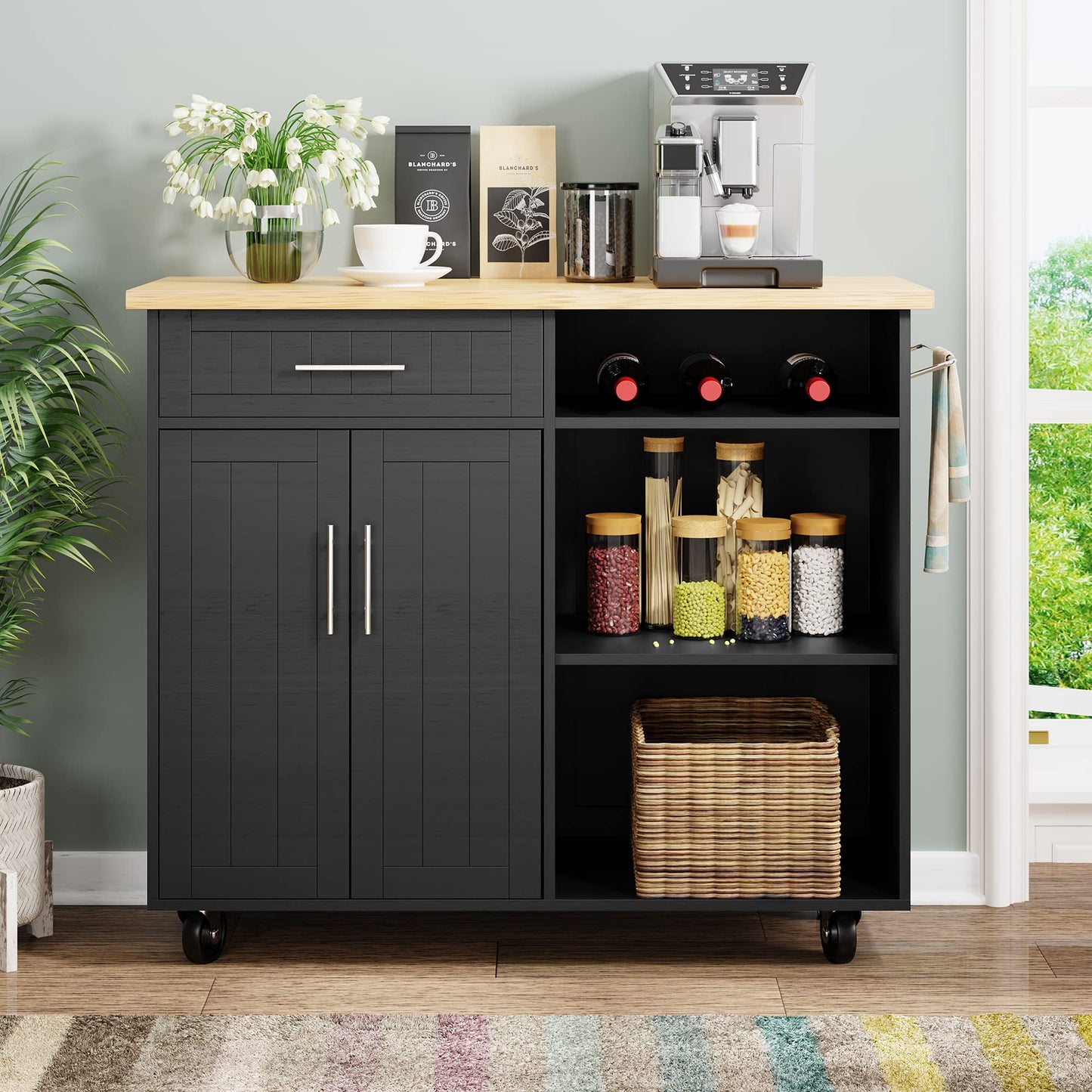 Shintenchi Kitchen Island Cart with Storage,Rolling Kitchen Island Side Table on Wheels with Large Worktop,Storage Cabinet,Towel Rack and Drawers for Kitchen,Dinning Room,Black