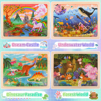 4 Packs Wooden Puzzles for Kids Ages 3-6 Toddler 4 in 1 Jigsaw Puzzles 24 PCS Preschool Learning Educational Brain Teaser Boards Toys Children Gifts for 3 4 5 6 Year Old Boys Girls