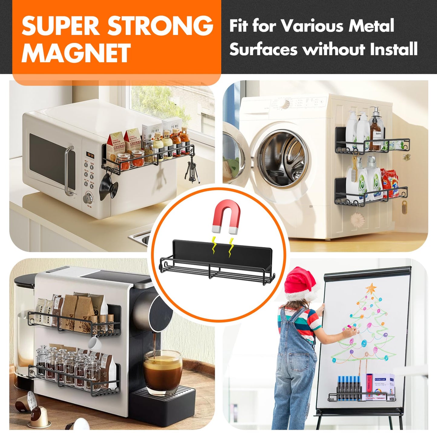 UPDATE: DEAD! SUNALLY Magnetic Spice Rack for Refrigerator, 4 Pack Magnetic Fridge Shelf with Hooks, Spice Organizer Shelf for Kitchen Organization and Storage, Seasoning Organizer Gadgets for Metal Surface
