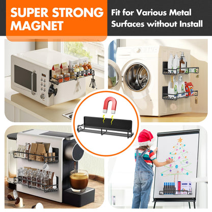 UPDATE: DEAD! SUNALLY Magnetic Spice Rack for Refrigerator, 4 Pack Magnetic Fridge Shelf with Hooks, Spice Organizer Shelf for Kitchen Organization and Storage, Seasoning Organizer Gadgets for Metal Surface