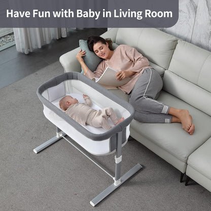 Yacul Baby Bassinet, Bedside Crib Co Sleeper for Newborns, Lighweight Portable Bassinet for Baby, Adjustable Height, Waterproof and Detachable Mattress Included, Light Grey