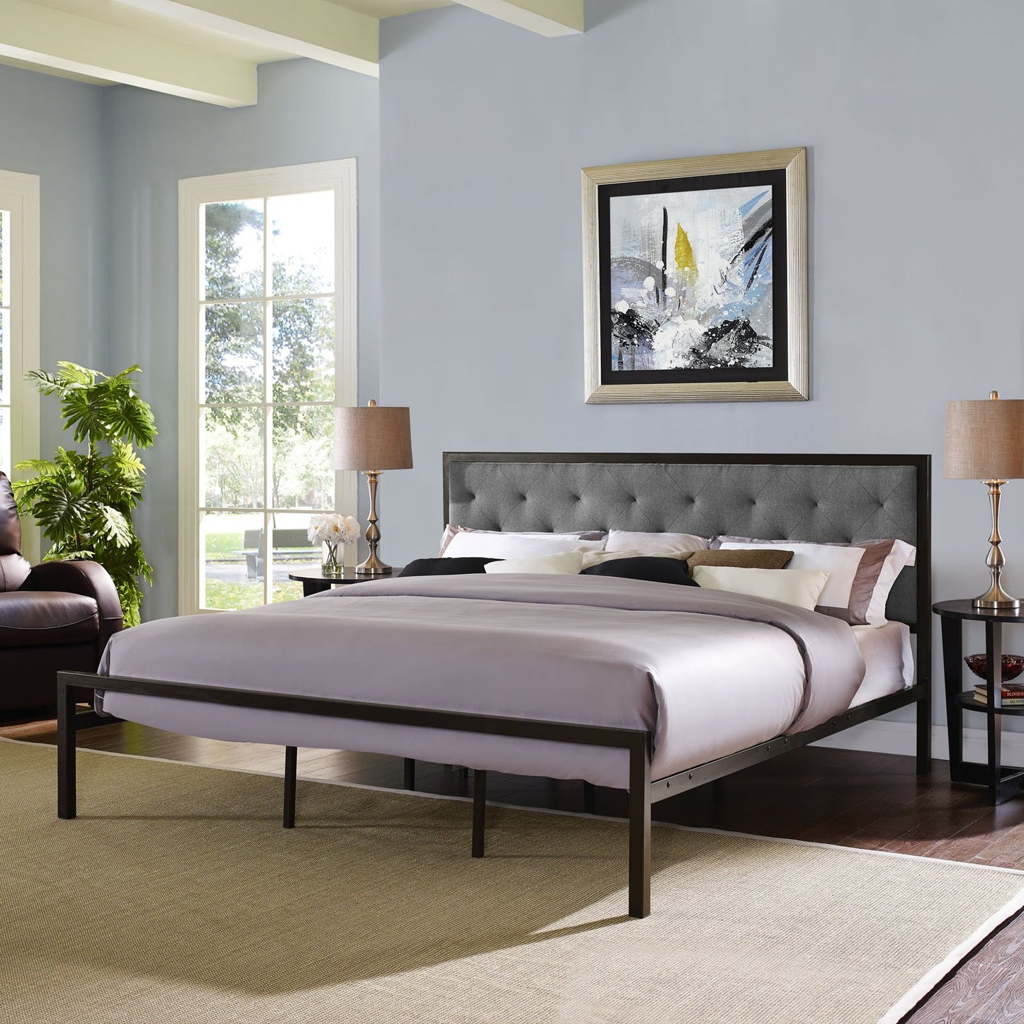 Modway Mia Upholstered Brown Gray Tufted Platform Bed With Metal Slat Support in King