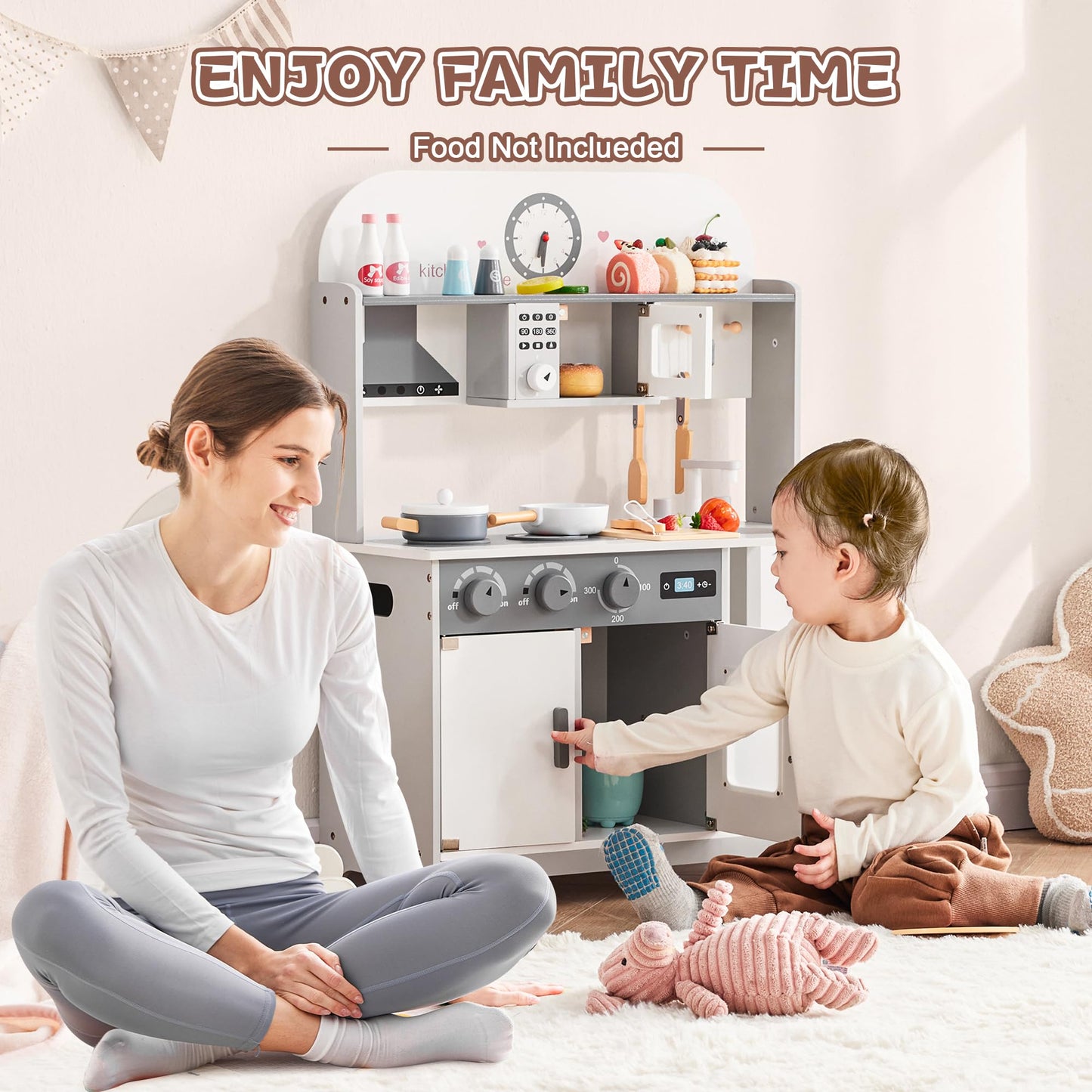 Play Wooden Kitchen Sets for Kids, Toddler Kitchen Playset, Chef Pretend Kitchen with Plenty of Play Features, Toy Kitchen with Toy Food & Cookware Accessories, Gift for Boys Girls