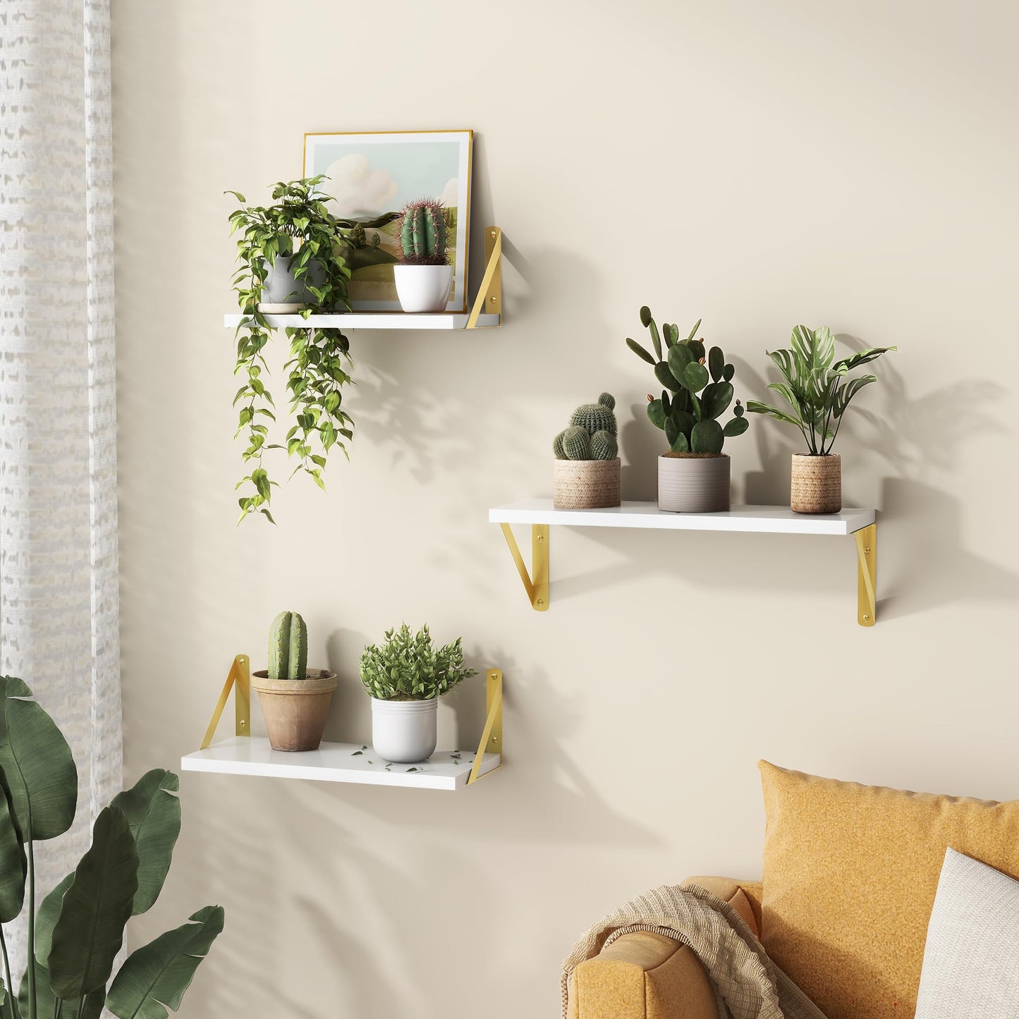 Floating Shelves Wall Mounted Set of 3, Rustic Wall Shelves for Home Decor, Floating Wood Shelf for Books, Plants, Pictures, Storage Wall Shelf for Bathroom,Kitchen,Living Room (White and Gold)