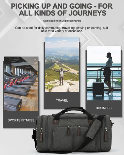 Duffle Bag for Men Travel, Gym Weekender Overnight Canvas Carry on Bag for Women with Trolley Sleeve Wet Pocket Personal Item Work Sports Bags Camping Expandable Bag, Grey