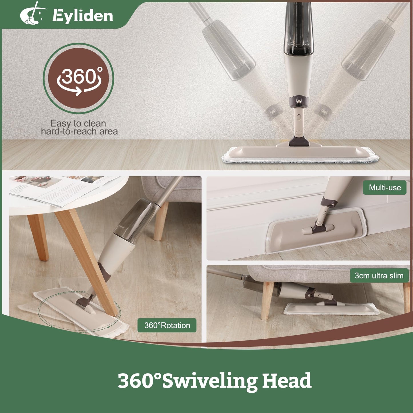 Eyliden Spray Mop, Mops for Floor Cleaning with 2pcs Microfiber Reusable Pads and 22 oz Bottle, Wet Jet Flat Mop for Wood Hardwood Laminate Ceramic Tiles Floor Cleaner Tools