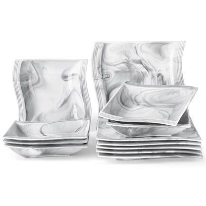 MALACASA Square Plate Set, 12-Piece Marble Plates and Bowls Sets for 6, Porcelain Dish Set with Dinner Plates and Pasta Bowls, Modern Dinnerware Sets, Kitchen Plate Bowl Set, Series Flora