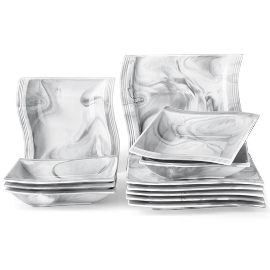 MALACASA Square Plate Set, 12-Piece Marble Plates and Bowls Sets for 6, Porcelain Dish Set with Dinner Plates and Pasta Bowls, Modern Dinnerware Sets, Kitchen Plate Bowl Set, Series Flora