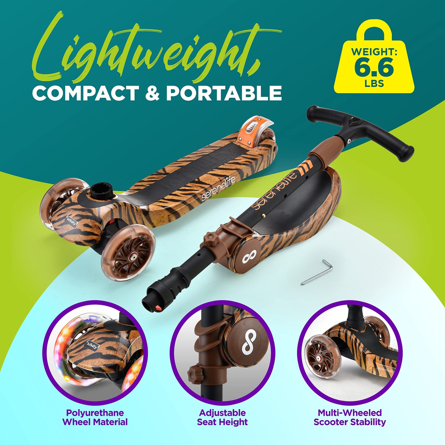 SereneLife 3 Wheeled Scooter for Kids - 2-in-1 Sit/Stand Child Toddlers Toy Kick Scooters w/ Flip-Out Seat, Adjustable Height, Wide Deck, Flashing Wheel Lights, Great for Outdoor Fun - SLKSTIG (Tiger)