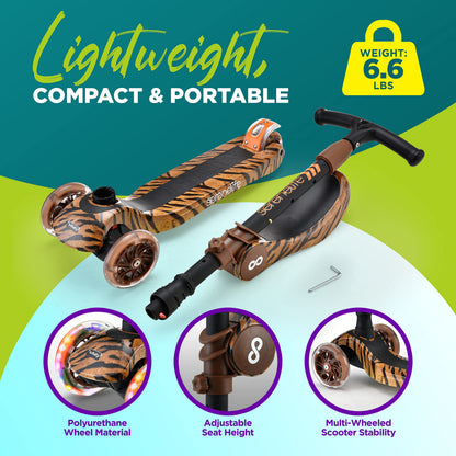SereneLife 3 Wheeled Scooter for Kids - 2-in-1 Sit/Stand Child Toddlers Toy Kick Scooters w/ Flip-Out Seat, Adjustable Height, Wide Deck, Flashing Wheel Lights, Great for Outdoor Fun - SLKSTIG (Tiger)