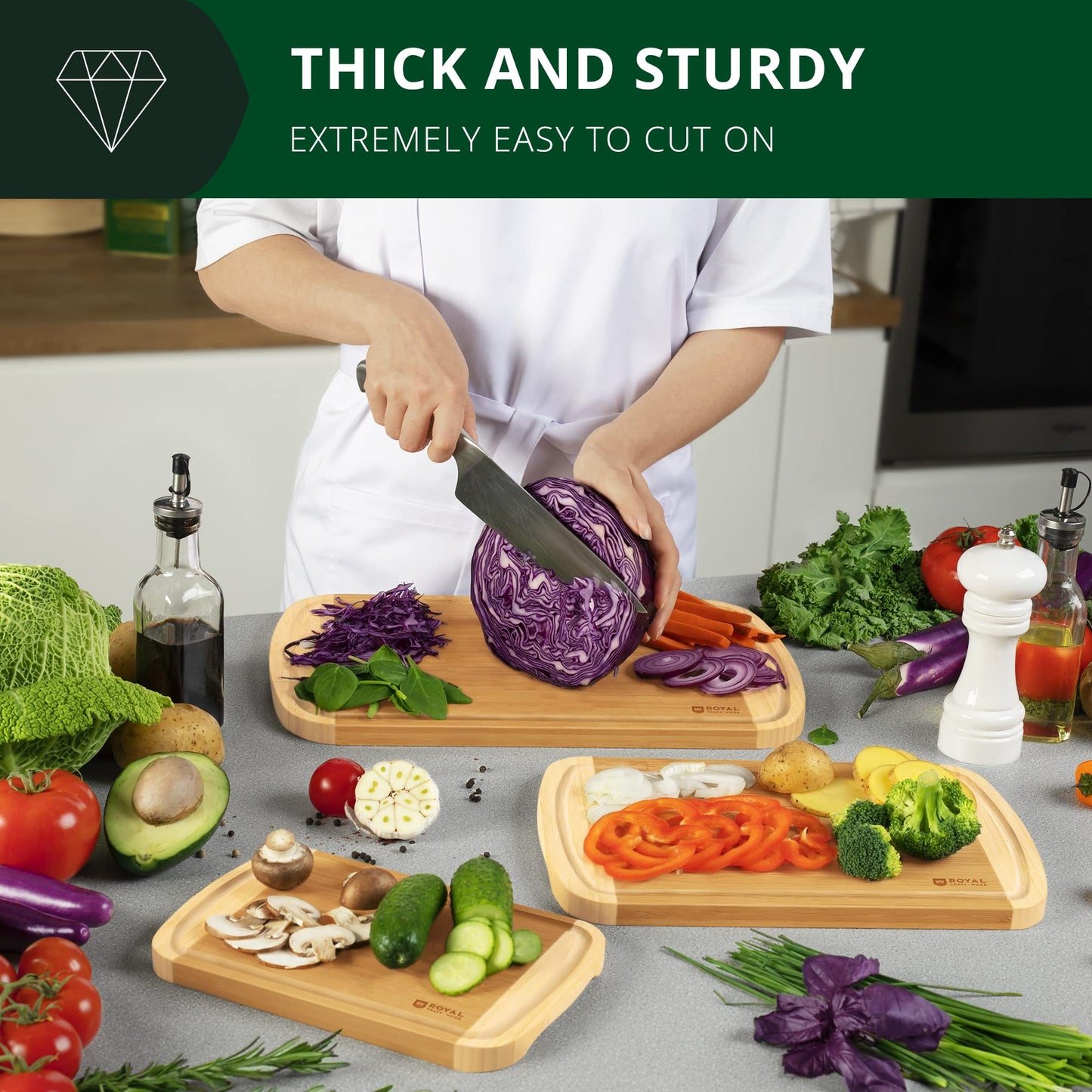 ROYAL CRAFT WOOD Luxury Cutting Boards for Kitchen - Reversible Wood Cutting Board Set, Thick Chopping Board - Wooden Cutting Board Set Bamboo Cutting Board for Meat, (Set of 3)